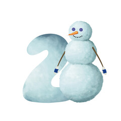 Drawn snowy bold sign, winter number in kids style. Snowman and number 2