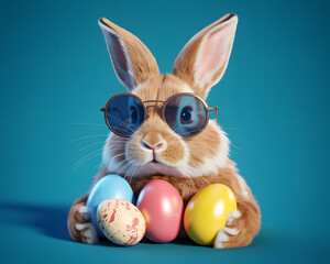 Cool easter bunny wearing sunglasses with colorful eggs