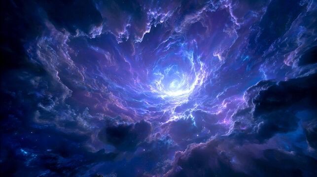A giant cosmic portal, glowing with blue and purple light, floats in the void of space - Powered by Adobe