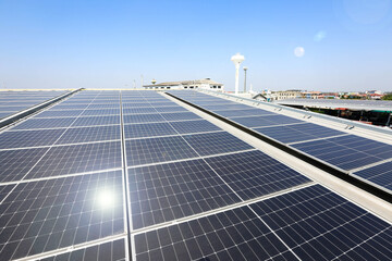 Photovoltaic solar power panel on blue sky ,green clean alternative energy. environmentally friendly. Clean energy and environment. 