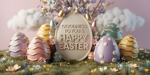 Festive easter eggs and decorations on a mossy ground