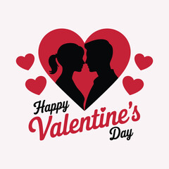 Silhouette couple profile faces touching noses inside a large red heart with smaller red hearts and Happy Valentines Day text