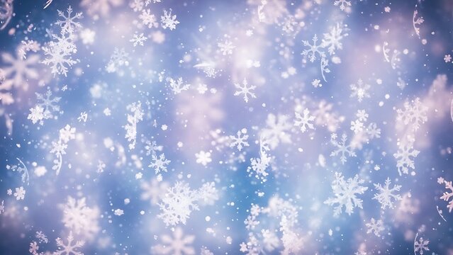 Falling white snowflakes on a soft blue and purple bokeh background winter