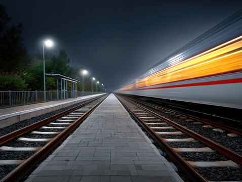 Blur of train lights and motion at night on empty railway platform, long exposure, speed and movement concept