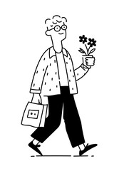 Line drawing of a smiling man with glasses walking with a flower pot and a bag.