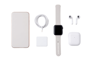 Smart Tech Essentials: A minimalist top-down view showcases the latest smart tech essentials, including a smartphone, smartwatch, wireless earbuds, and charging accessories.