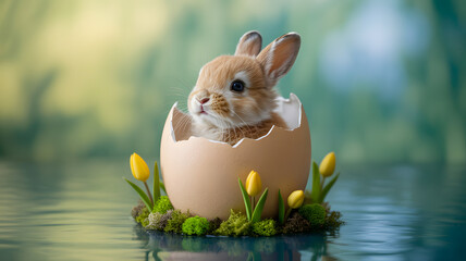 Adorable baby bunny emerges from cracked easter egg with spring flowers