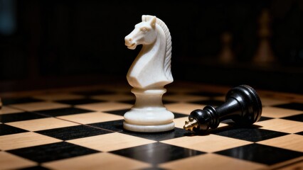 White knight chess piece standing over fallen black king on a chessboard