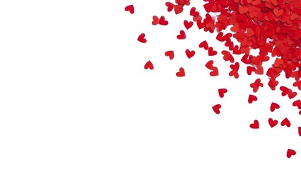 Red heart-shaped confetti forming a corner border on a clean white background with copy space for Valentine's Day
