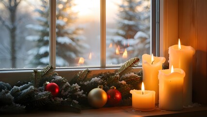 Warm glowing Christmas candles on a windowsill overlooking a snowy winter scene