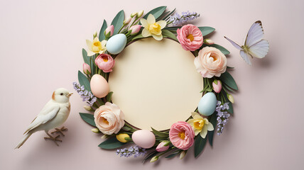 Beautiful easter wreath with flowers eggs bird and butterfly decoration