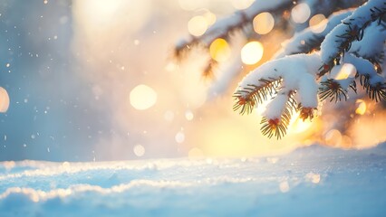 Golden sunlight shines on a snow-covered pine branch in a serene winter landscape