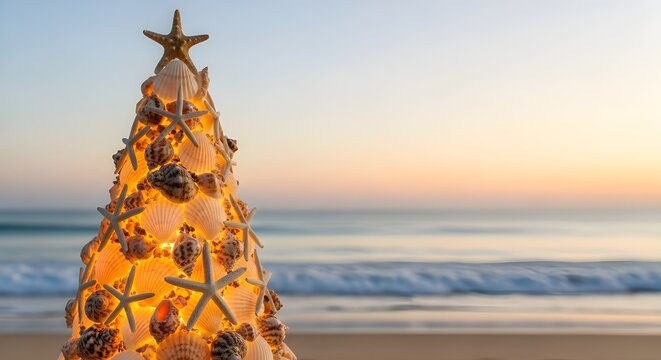A beautifully lit Christmas tree made from seashells and starfish on a sandy beach during a warm sunset