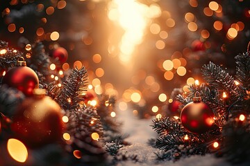 A cinematic digital image of warm golden and red Christmas ball with bokeh bright