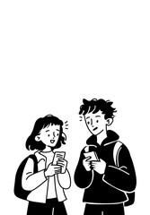 A black and white illustration of two students with backpacks holding phones and talking.