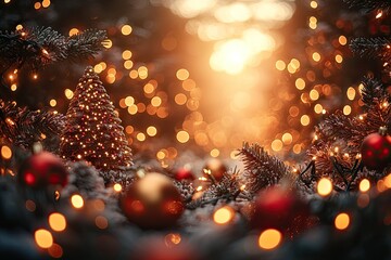 A cinematic digital image of warm golden and red Christmas ball with bokeh bright