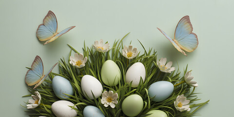 Easter eggs nestled in green grass with butterflies fluttering around