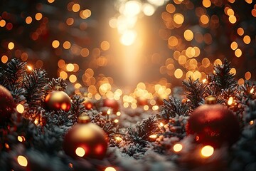 A cinematic digital image of warm golden and red Christmas ball with bokeh bright