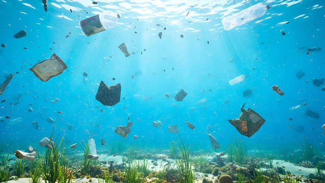 Plastic waste pollution in ocean waters threatens marine ecosystems and life