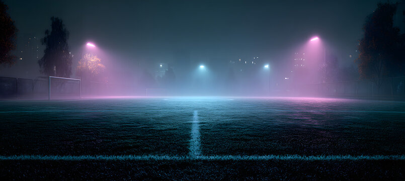 textured soccer game field with neon fog - center, midfield