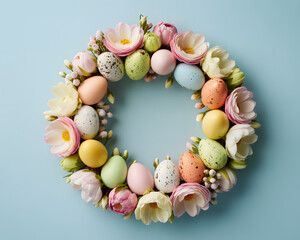 Beautiful easter wreath with pastel eggs and delicate flowers