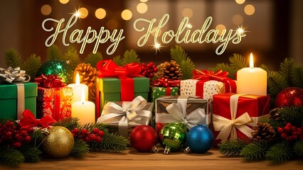 Christmas presents and candles with Happy Holidays text gifts lights