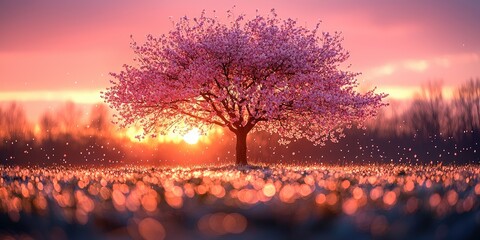 A cinematic landscape of a solitary cherry blossom tree glowing