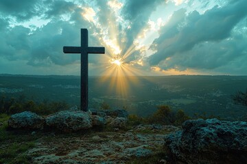 A cinematic landscape shot of a lone cross overlooking a wide angle