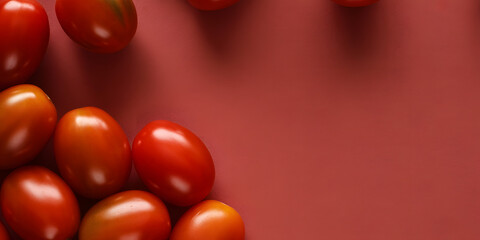 Plump ripe cherry tomatoes arranged in a diagonal pattern on red background