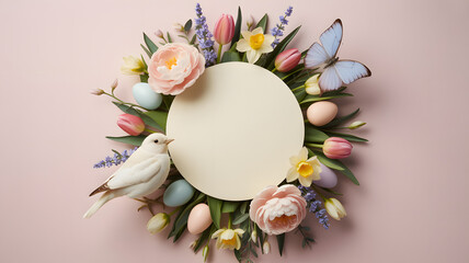 Oval easter egg wreath with flowers butterflies and a bird