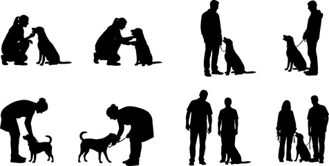 Silhouettes of people interacting with dogs, training, companionship, pet care, obedience, walking, sitting, and playful moments, black and white illustration set