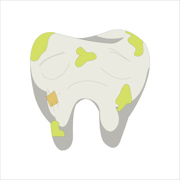 Sad dirty yellow tooth character with cavities and spots. Concept of tooth decay and bad hygiene