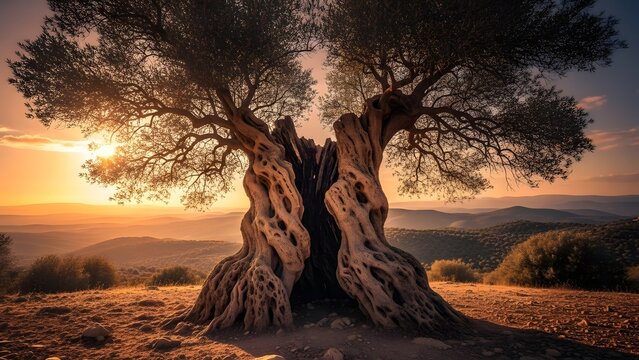 A majestic ancient tree with a hollow trunk stands against a warm sunset landscape view of mountains - Powered by Adobe