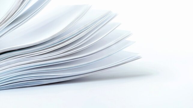 Close-up of a book's pages fanning out against a clean white backdrop, creating a sense of movement and depth.