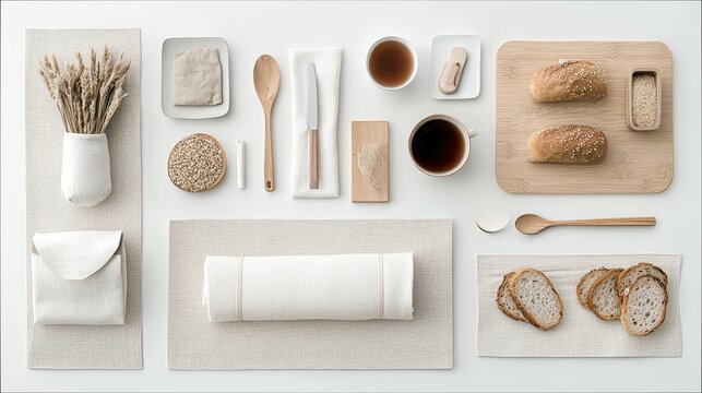 Overhead shot of a breakfast table setting with bread, tea, and various natural elements arranged on a white surface. The image evokes a sense of simplicity and