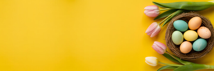 Easter nest with colorful eggs and tulips on a bright yellow background