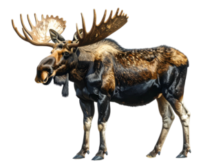 A large brown moose with majestic antlers on a dark background