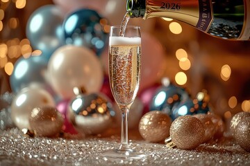 A cinematic of champagne being poured into a tall glass