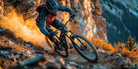 A cinematic landscape shot of a mountain biker riding