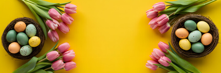 Easter eggs in nests with pink tulips on a bright yellow background