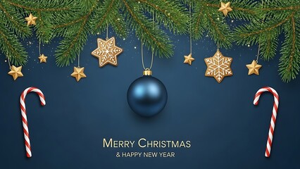 Christmas tree branches with ornaments candy canes and gingerbread cookies holiday