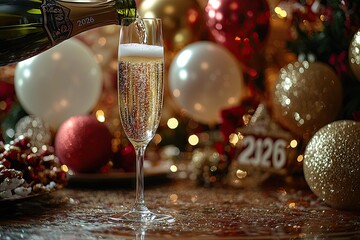 A cinematic of champagne being poured into a tall glass