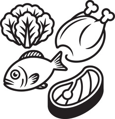 Fototapeta premium Collection of various raw foods like fish, meat, and lettuce drawing illustration