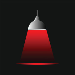 Red Spotlight Hanging Lamp Vector Illustration on Dark Background. Glowing Red Pendant Light Beam Graphic for Interior Lighting Design.