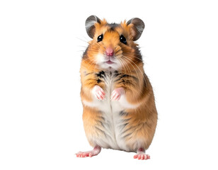 Adorable brown, black, white hamster standing up, looking forward