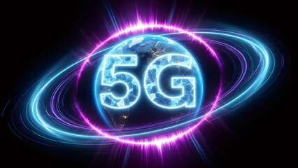 Digital 5g technology concept with glowing earth globe and network connection. High speed internet for worldwide communication.