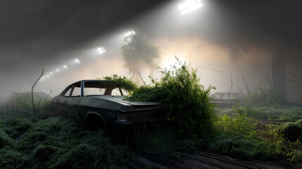 Abandoned broken rusty car without wheels on the street . Concept of pollution of nature environment. Call for urgent action to protect the environment and waste disposal.