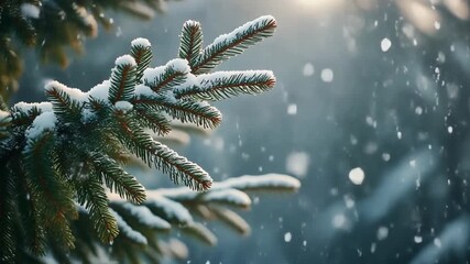 Soft snow falling on evergreen branches in early January morning, calm winter renewal vibe - Powered by Adobe