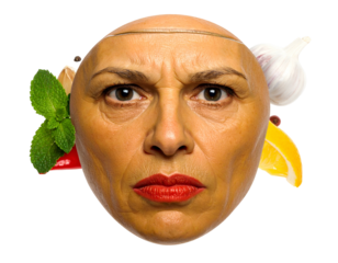 Bald head with serious expression, surrounded by cooking ingredients