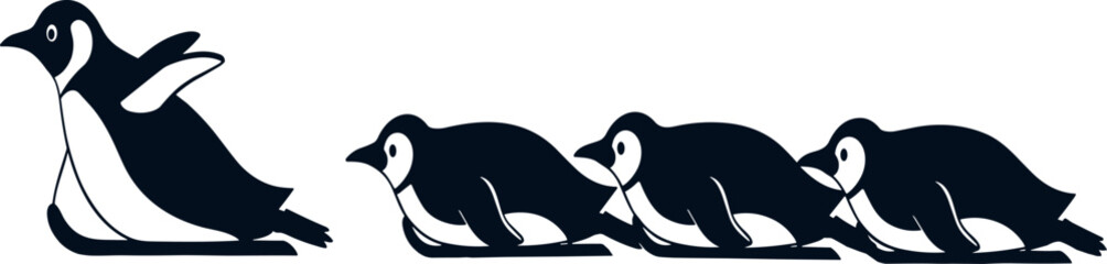 Sliding penguin silhouettes in playful motion, minimalist animal vector illustration for kids decor, logo, editorial, animation, and winter-themed design use